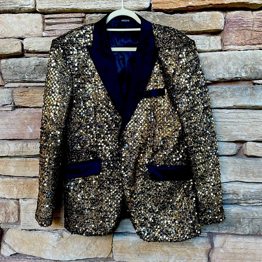 Men’s evening dinner jacket, black, and gold sequence with silk lining.